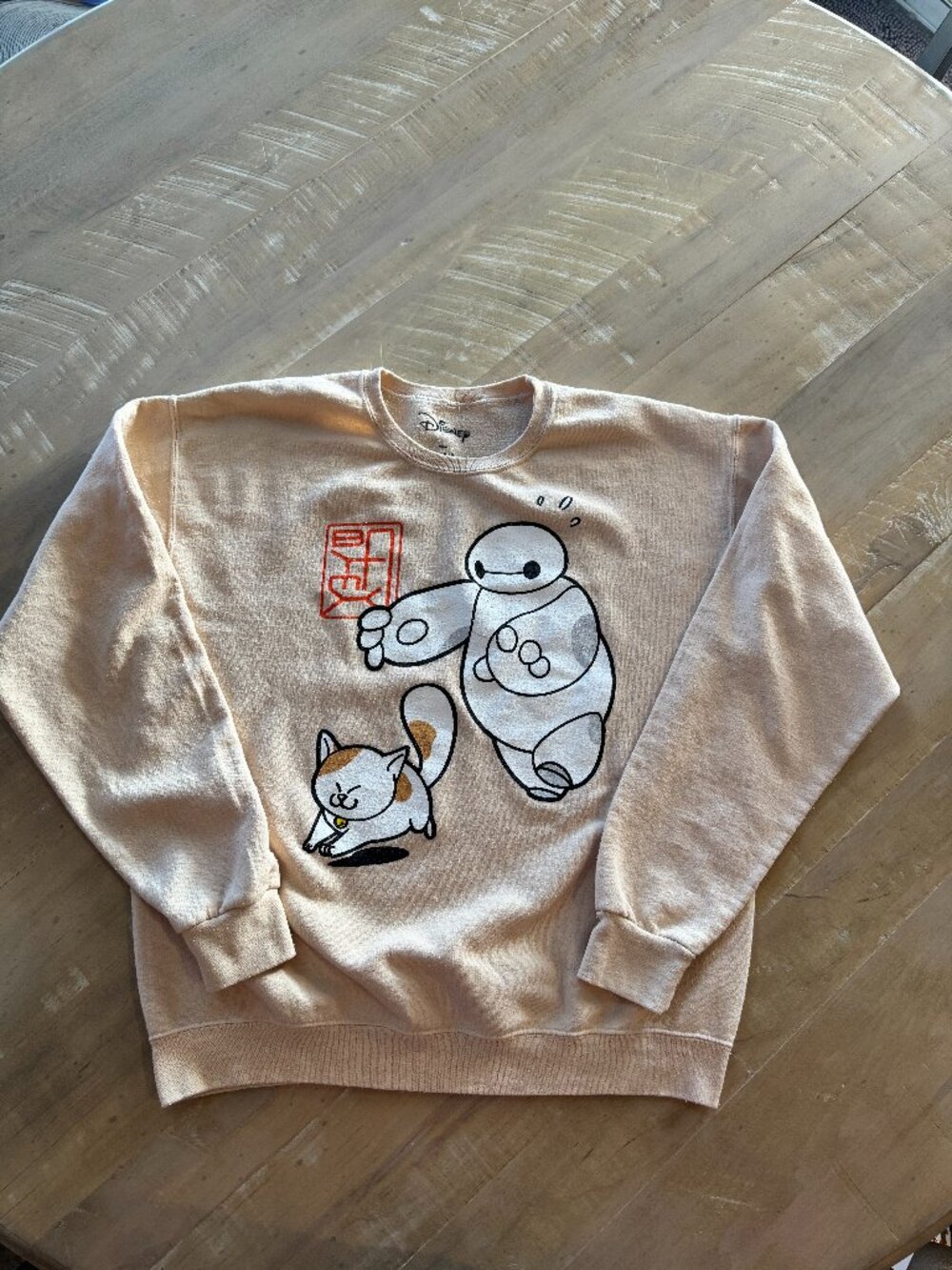 Disney Big Hero 6 Baymax Chasing Mochi Cat Crewneck Sweatshirt Peach Pink Large